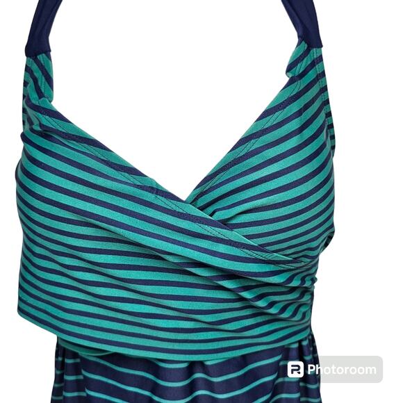 Penbrooke Women’s One Piece Halter Surplice Navy & Teal Striped Swimsuit Size M - Picture 4 of 14